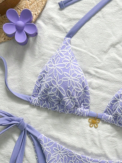 Swim Mod Plus Size Women 2pcs/Set Sweet Cute Floral Textured Halter Neck Tie Bikini Swimwear For Beach Holiday For Summer Beach Vacation