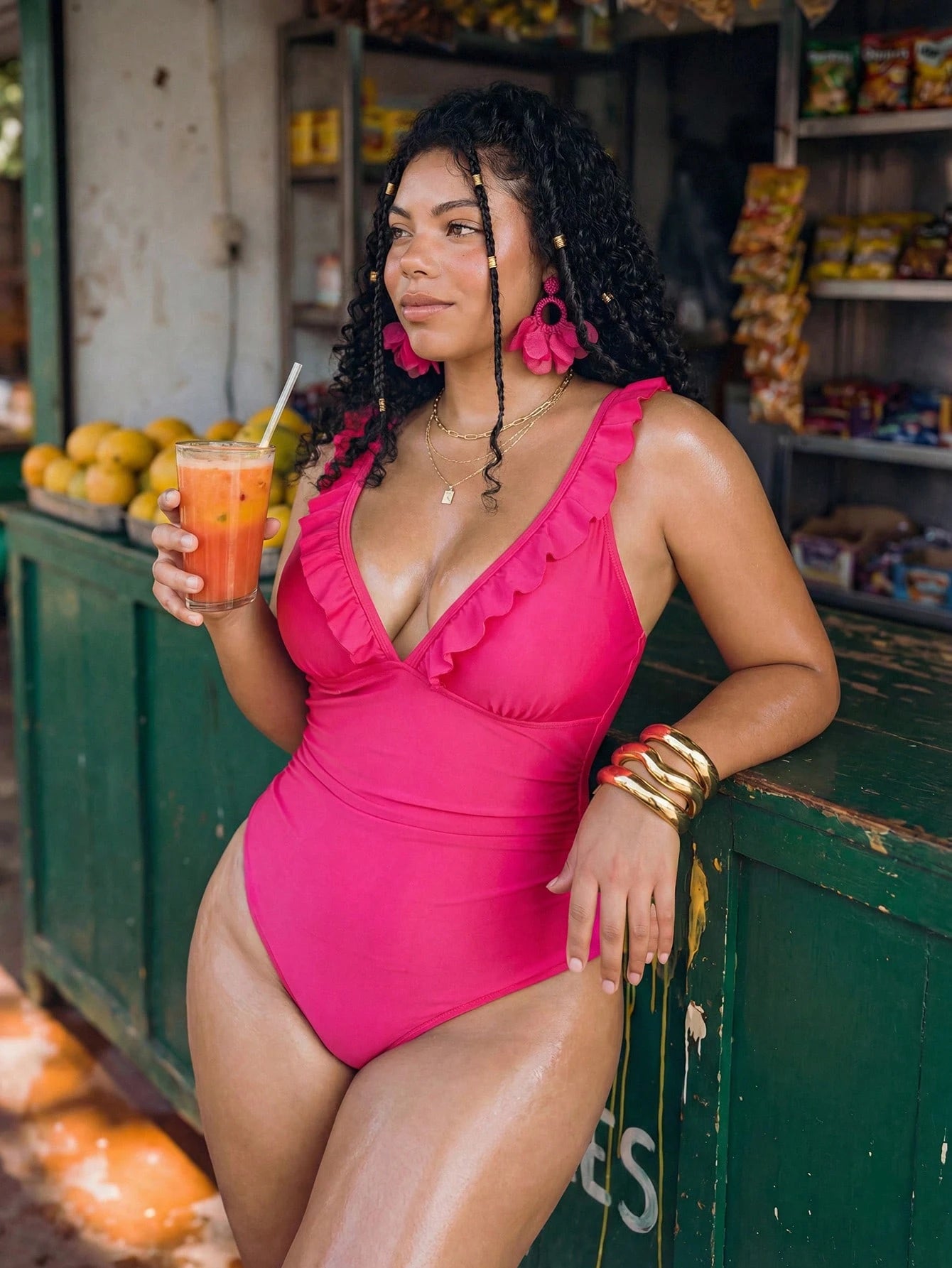Swim Mod Plus Size Women Hot Pink One-Piece Swimsuit,Elegant Ruched Waist Deep V-Neck Ruffle Trim Backless Tie Design For Summer,Beach,Vacation,Holiday,Pool