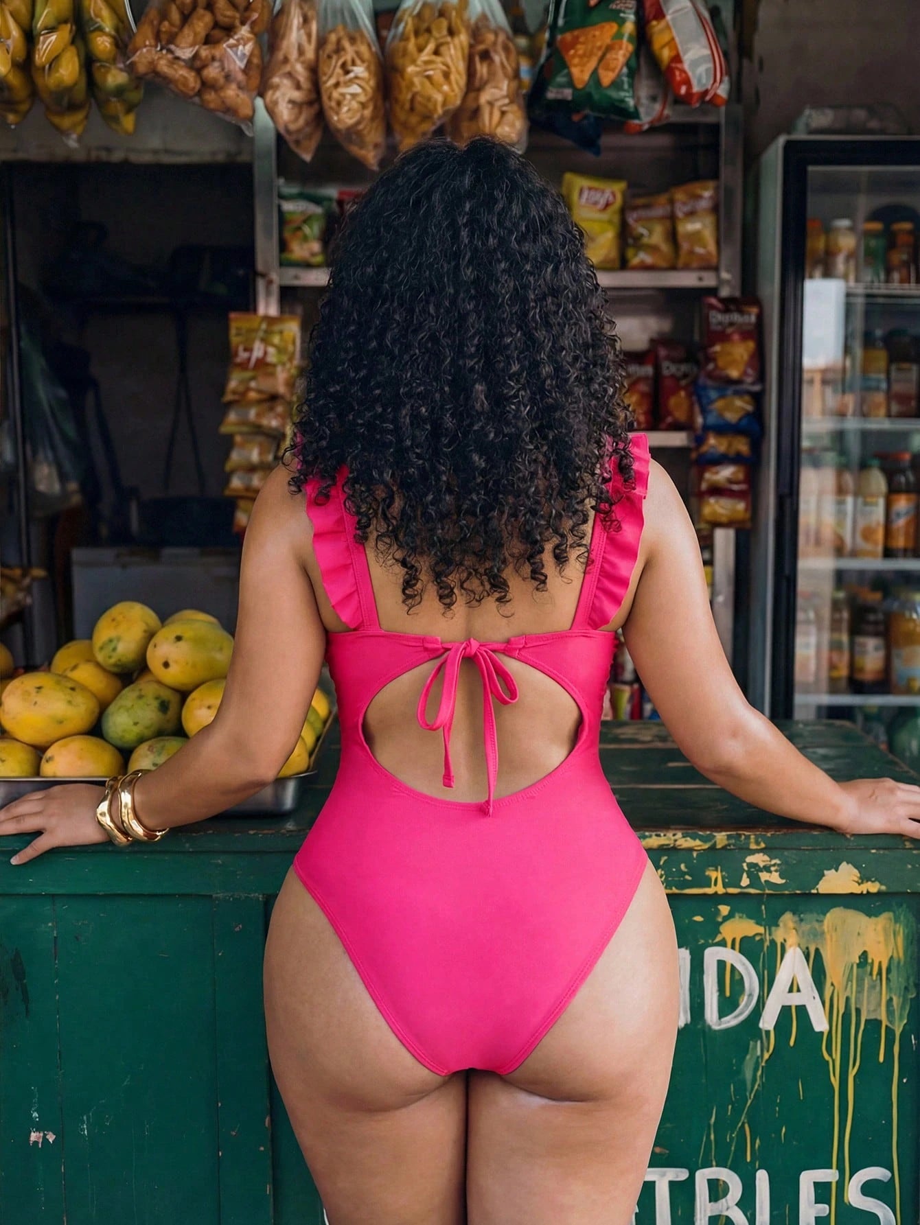 Swim Mod Plus Size Women Hot Pink One-Piece Swimsuit,Elegant Ruched Waist Deep V-Neck Ruffle Trim Backless Tie Design For Summer,Beach,Vacation,Holiday,Pool
