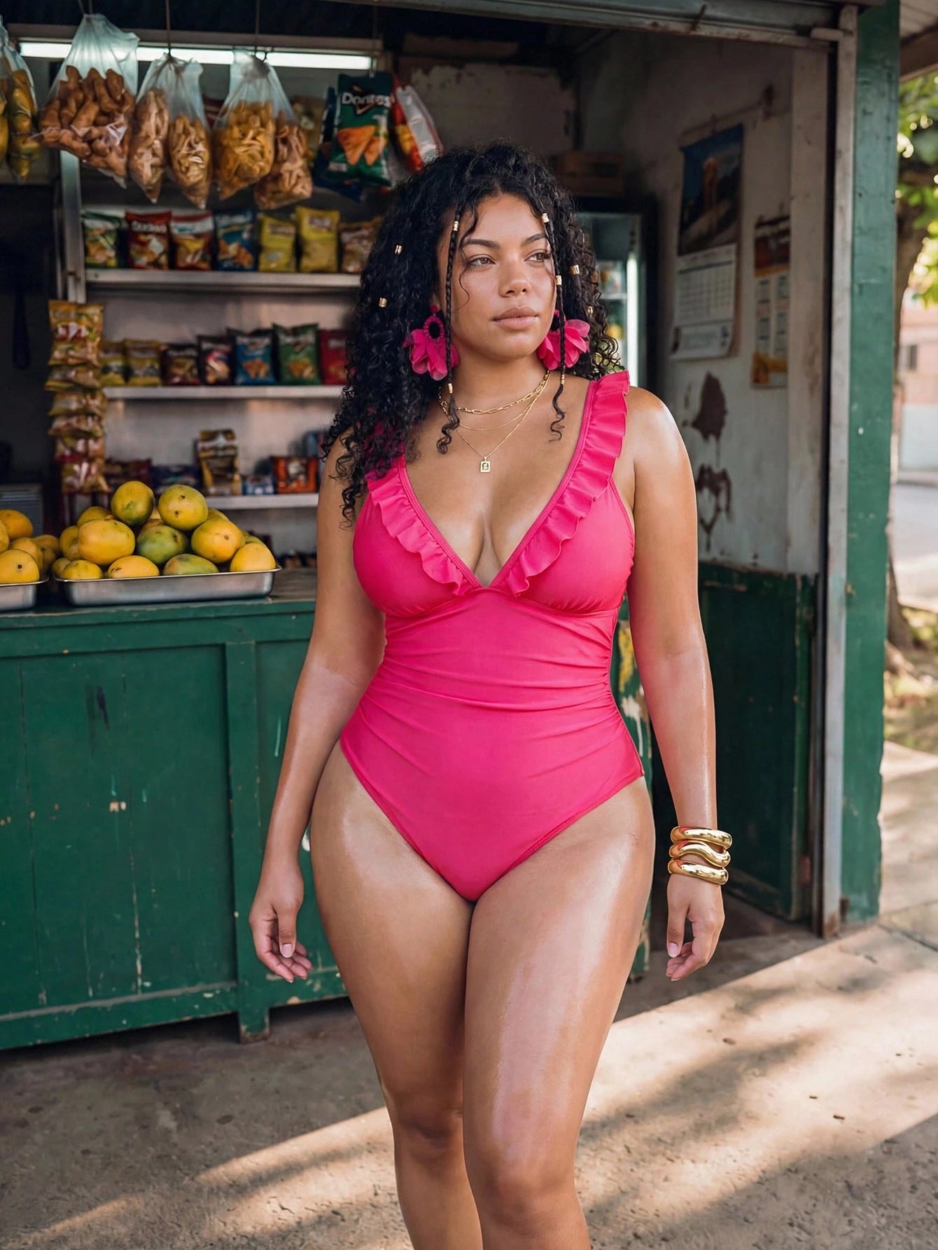Swim Mod Plus Size Women Hot Pink One-Piece Swimsuit,Elegant Ruched Waist Deep V-Neck Ruffle Trim Backless Tie Design For Summer,Beach,Vacation,Holiday,Pool