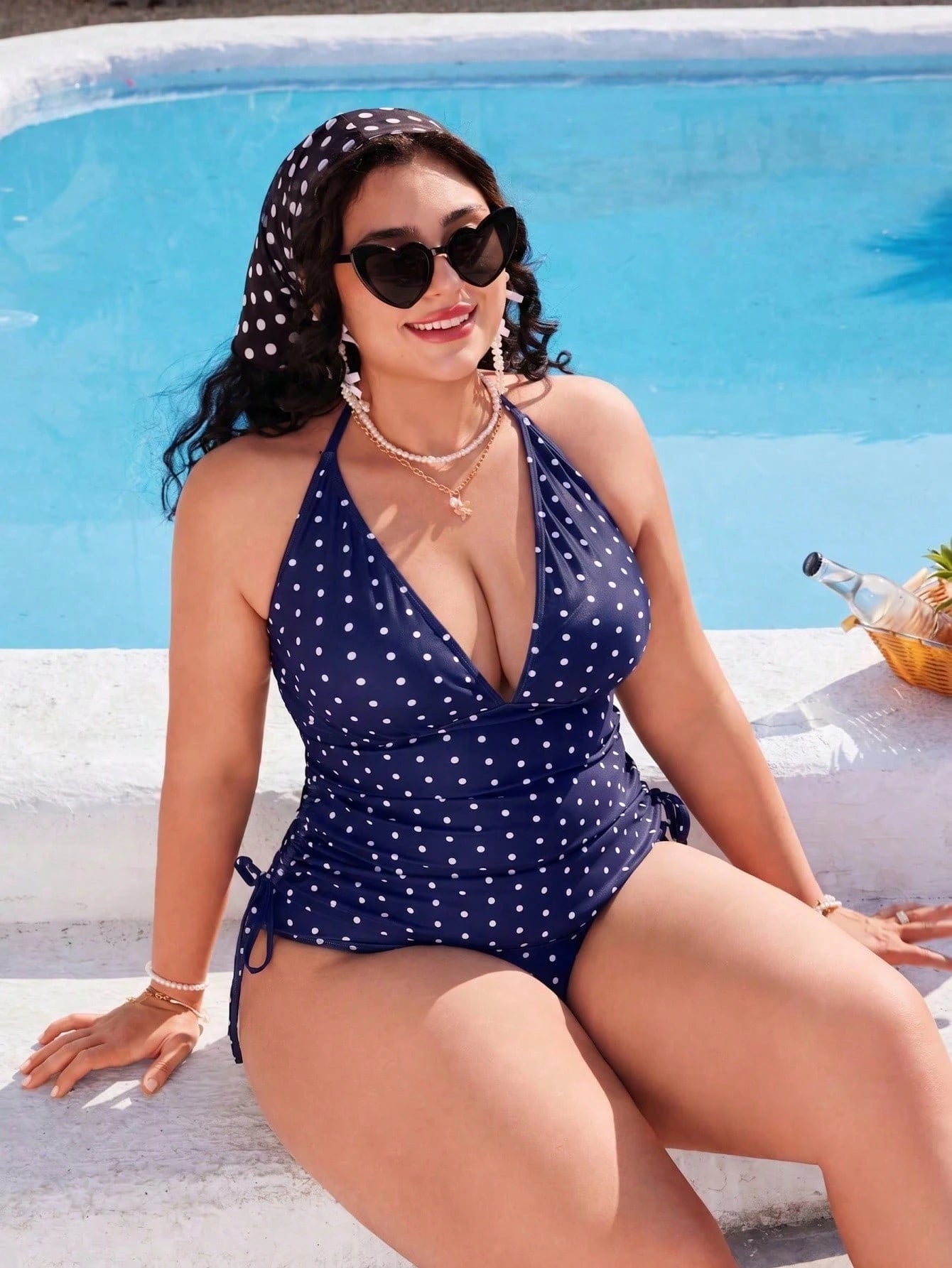 Swim Mod Plus Size Women's Sweet Girly Style Sexy Navy Blue Polka Dot Print Beach Vacation Tank Bikini Set Summer