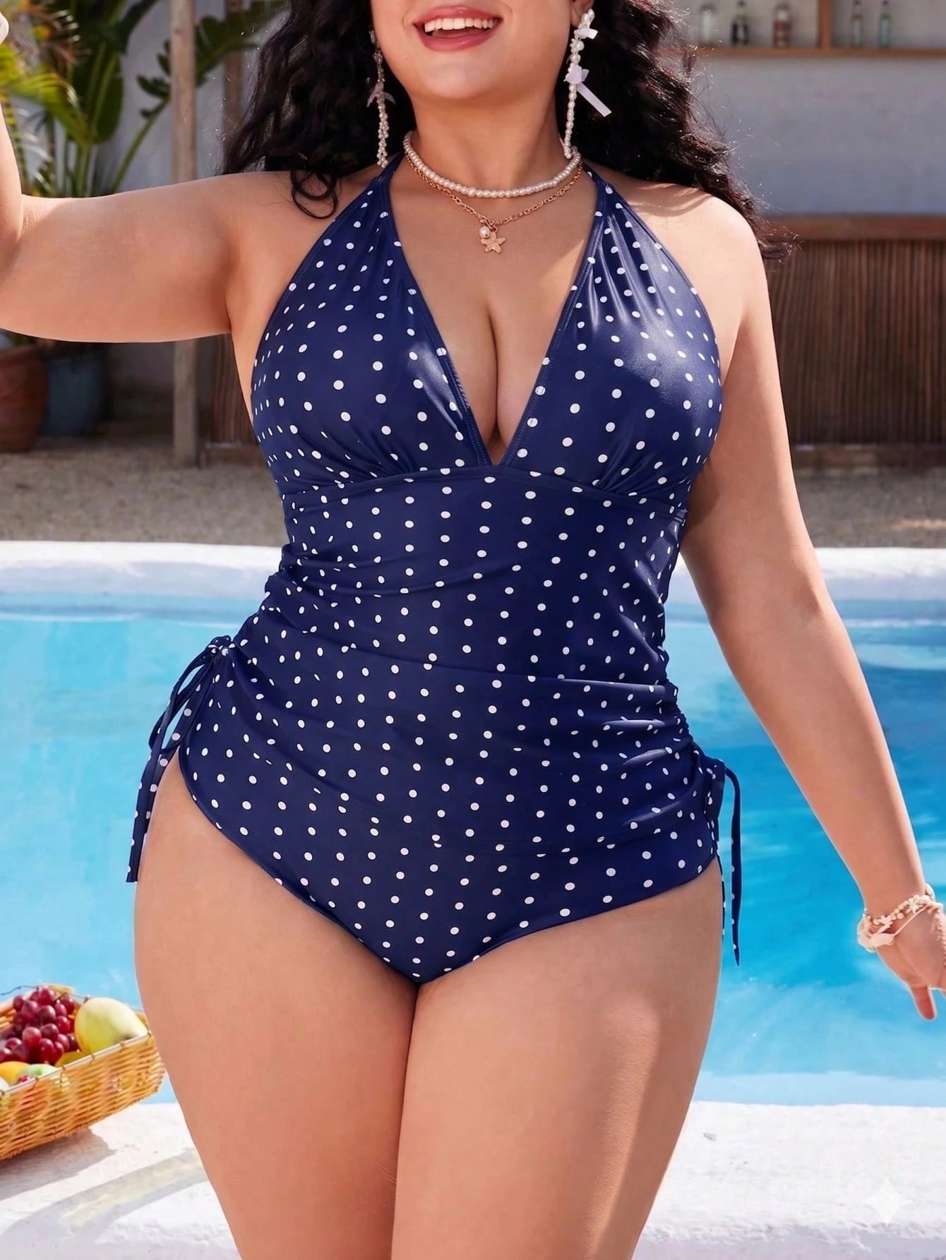 Swim Mod Plus Size Women's Sweet Girly Style Sexy Navy Blue Polka Dot Print Beach Vacation Tank Bikini Set Summer