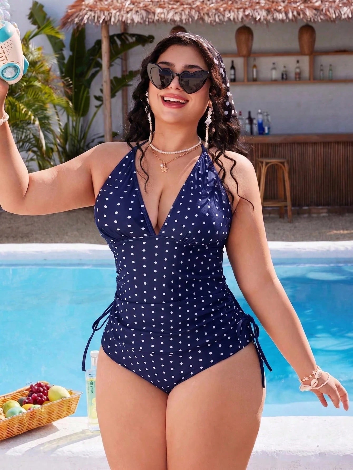 Swim Mod Plus Size Women's Sweet Girly Style Sexy Navy Blue Polka Dot Print Beach Vacation Tank Bikini Set Summer