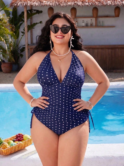 Swim Mod Plus Size Women's Sweet Girly Style Sexy Navy Blue Polka Dot Print Beach Vacation Tank Bikini Set Summer