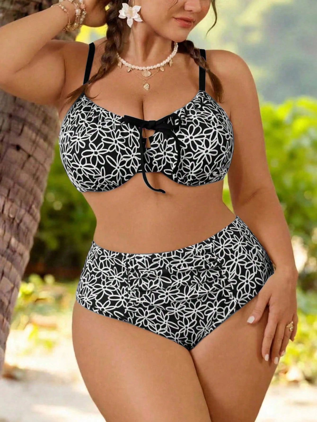Swim Mod Plus Size Women's Swimwear, Sweet & Cute Beach Holiday, Yellow Textured Fabric With Underwire, 2 Pieces Set With Tie-Waist