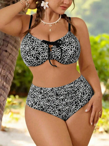 Swim Mod Plus Size Women's Swimwear, Sweet & Cute Beach Holiday, Yellow Textured Fabric With Underwire, 2 Pieces Set With Tie-Waist