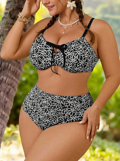 Swim Mod Plus Size Women's Swimwear, Sweet & Cute Beach Holiday, Yellow Textured Fabric With Underwire, 2 Pieces Set With Tie-Waist