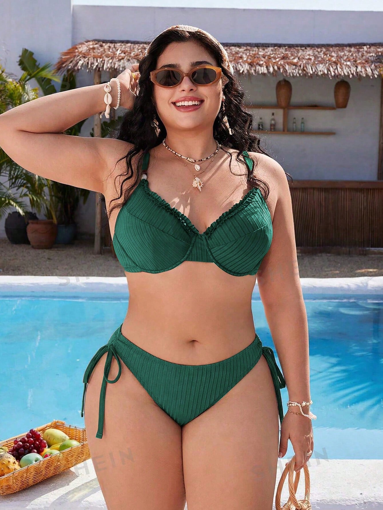Swim Mod Plus Size Women's Textured Fabric Spaghetti Strap Vacation Bikini Top Beach Vacation Summer
