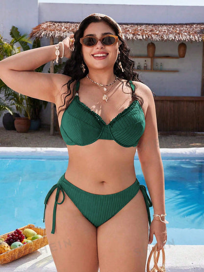 Swim Mod Plus Size Women's Textured Fabric Spaghetti Strap Vacation Bikini Top Beach Vacation Summer