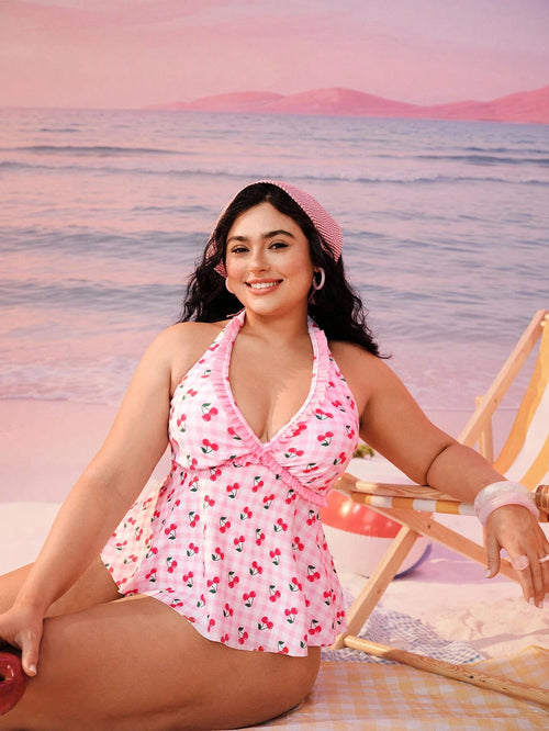 Swim Mod Plus Size Women Swimwear,Sweet & Cute White Summer Fairy Beach Holiday Plaid Cherry Print Criss-Cross Ruffle Halter Tie Two Pieces Tankini Swimwear
