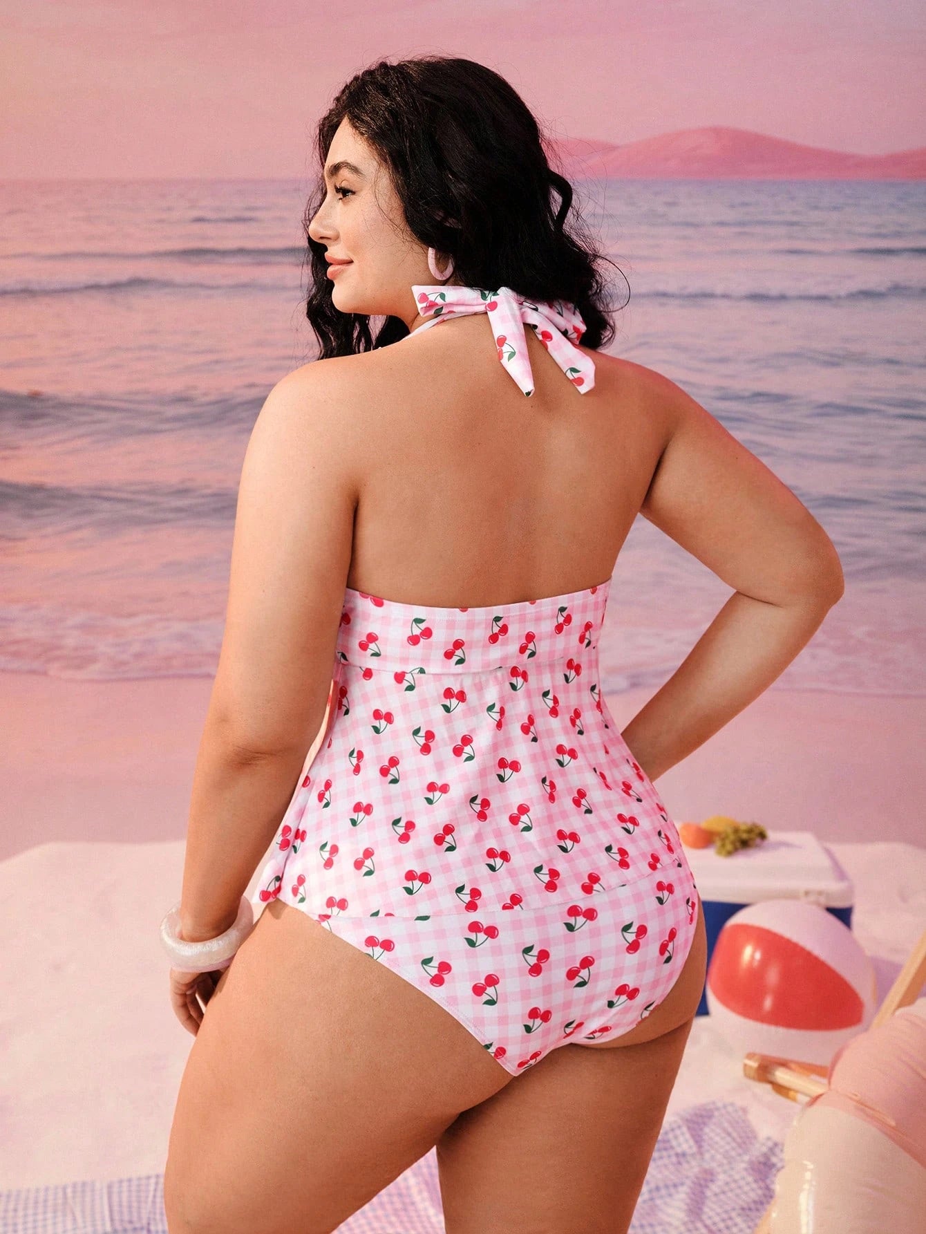 Swim Mod Plus Size Women Swimwear,Sweet & Cute White Summer Fairy Beach Holiday Plaid Cherry Print Criss-Cross Ruffle Halter Tie Two Pieces Tankini Swimwear