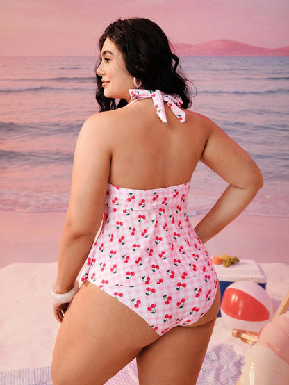 Swim Mod Plus Size Women Swimwear,Sweet & Cute White Summer Fairy Beach Holiday Plaid Cherry Print Criss-Cross Ruffle Halter Tie Two Pieces Tankini Swimwear