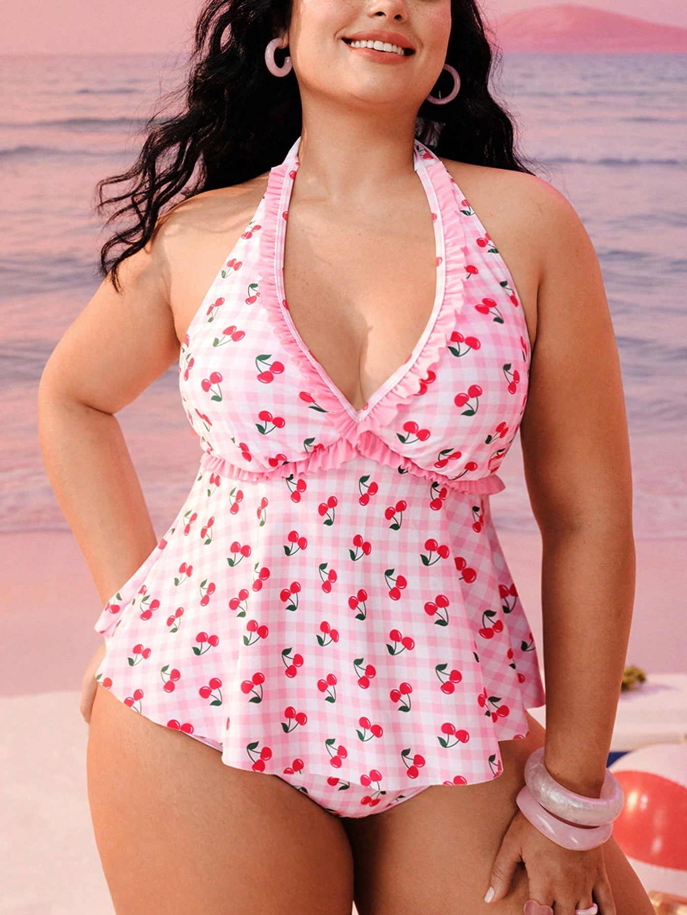 Swim Mod Plus Size Women Swimwear,Sweet & Cute White Summer Fairy Beach Holiday Plaid Cherry Print Criss-Cross Ruffle Halter Tie Two Pieces Tankini Swimwear