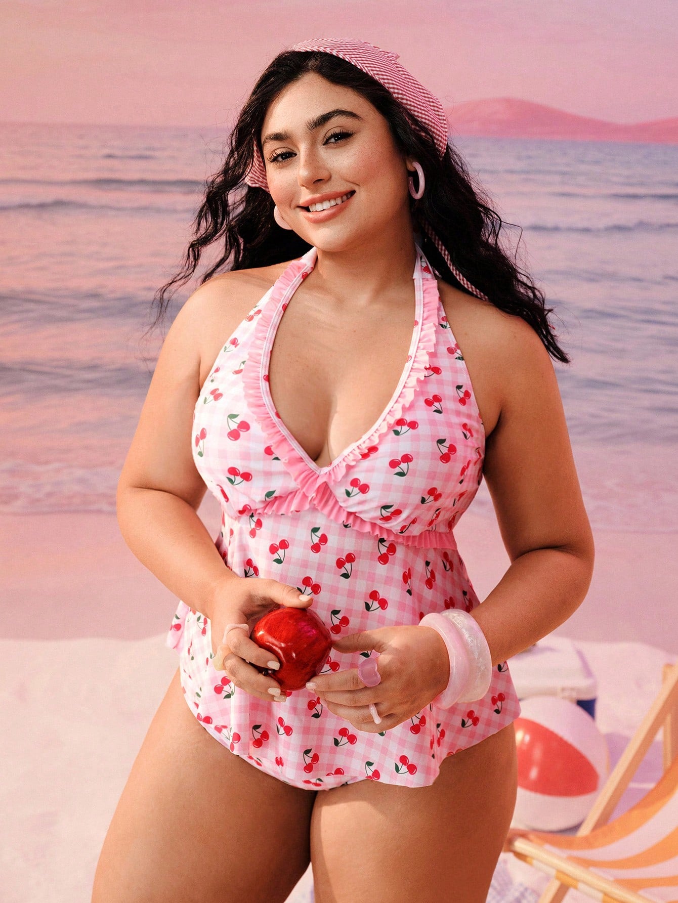 Swim Mod Plus Size Women Swimwear,Sweet & Cute White Summer Fairy Beach Holiday Plaid Cherry Print Criss-Cross Ruffle Halter Tie Two Pieces Tankini Swimwear