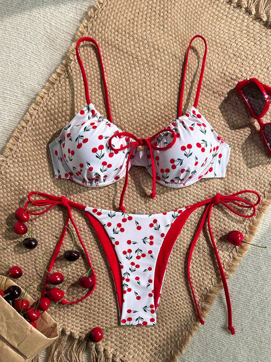 Swim Mod Spring/Summer Digital Print Underwire Cami Top And Side Tie Swim Bottoms Women Cute Bikini Set For Beach Vacation