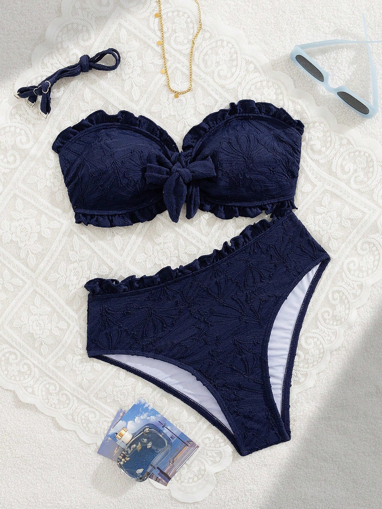 Swim Mod Summer Vacation Sexy Solid Color Textured Fabric Spaghetti Strap Ruffles Bandeau Bikini Swimwear Set