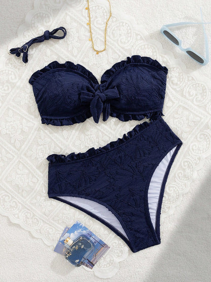 Swim Mod Summer Vacation Sexy Solid Color Textured Fabric Spaghetti Strap Ruffles Bandeau Bikini Swimwear Set