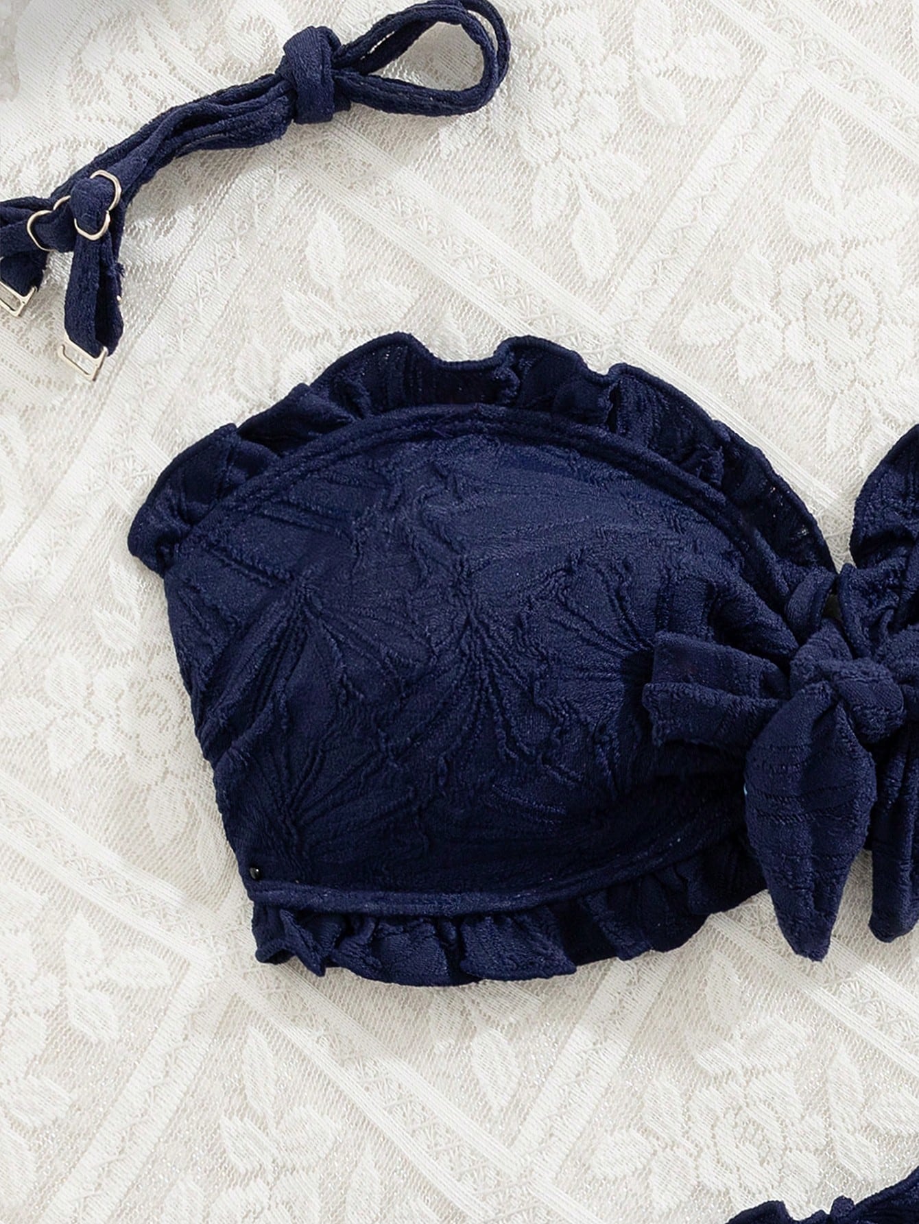 Swim Mod Summer Vacation Sexy Solid Color Textured Fabric Spaghetti Strap Ruffles Bandeau Bikini Swimwear Set