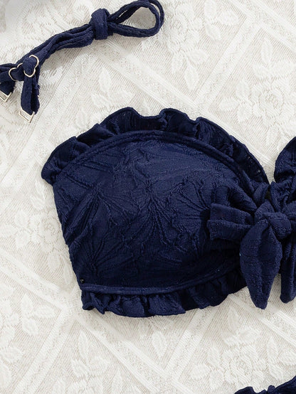 Swim Mod Summer Vacation Sexy Solid Color Textured Fabric Spaghetti Strap Ruffles Bandeau Bikini Swimwear Set