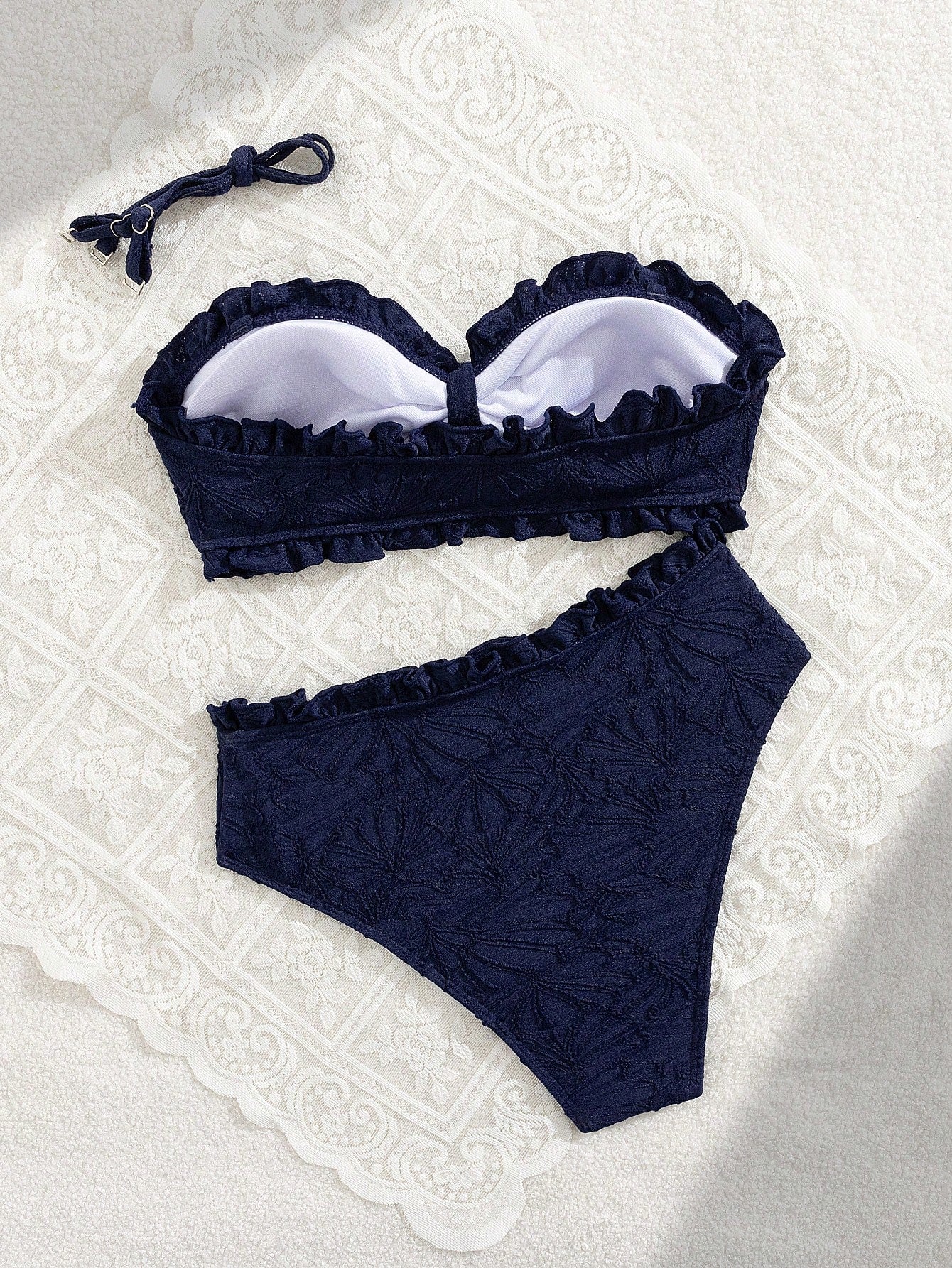 Swim Mod Summer Vacation Sexy Solid Color Textured Fabric Spaghetti Strap Ruffles Bandeau Bikini Swimwear Set