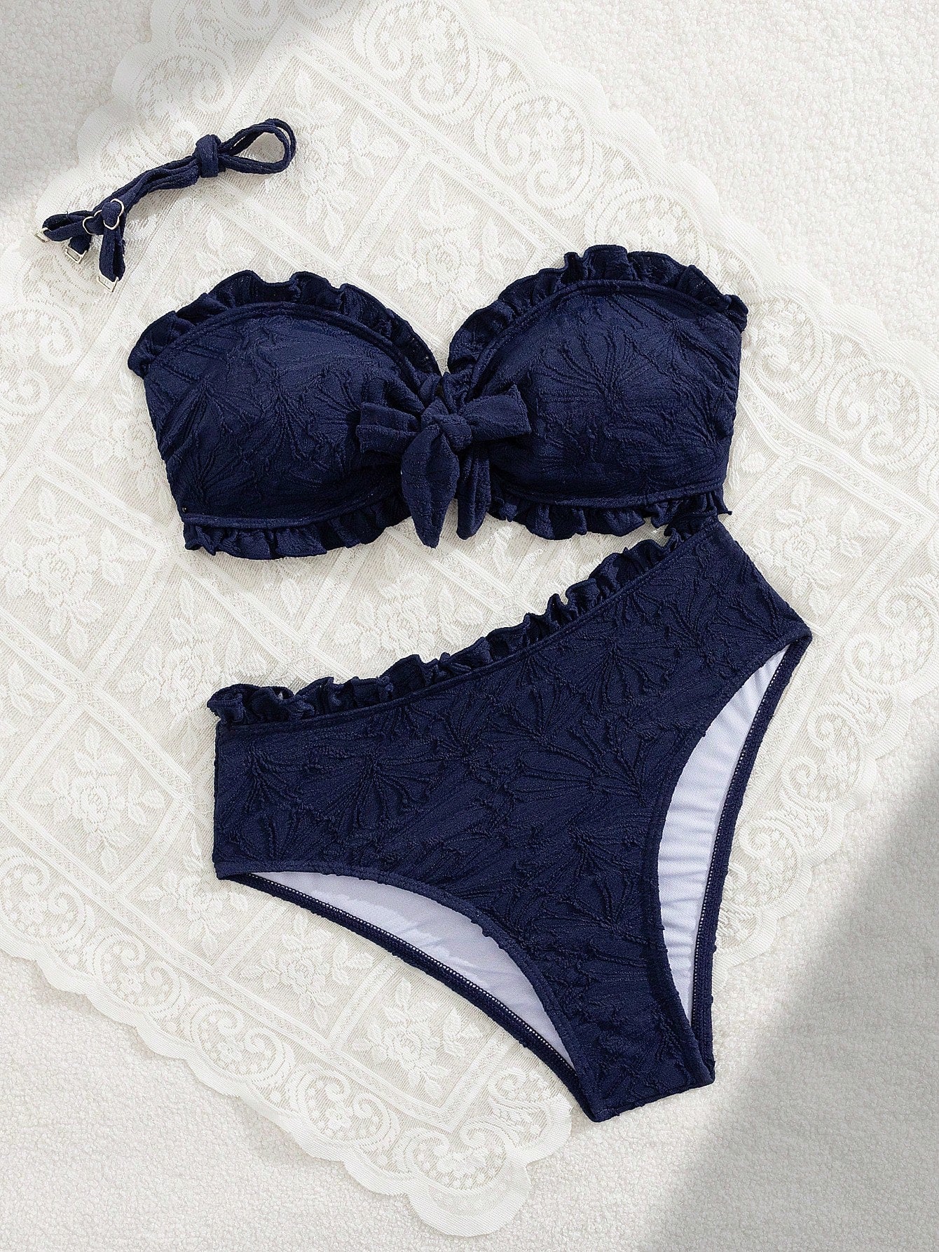 Swim Mod Summer Vacation Sexy Solid Color Textured Fabric Spaghetti Strap Ruffles Bandeau Bikini Swimwear Set