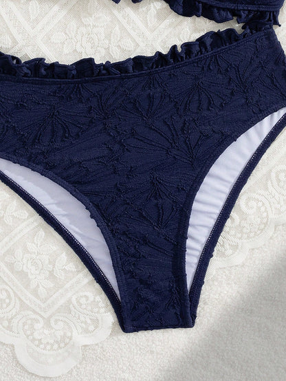 Swim Mod Summer Vacation Sexy Solid Color Textured Fabric Spaghetti Strap Ruffles Bandeau Bikini Swimwear Set