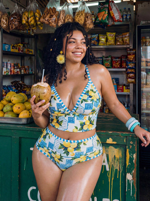 Swim Mod White,Summer,1920s Flapper,Beach,Holiday Mediterranean Lemon Print Plus Size Women's 2 Pieces Swimwear,Bust Enhancing High Waist Tankini Set
