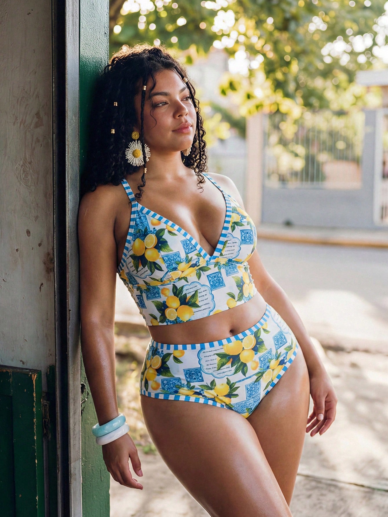 Swim Mod White,Summer,1920s Flapper,Beach,Holiday Mediterranean Lemon Print Plus Size Women's 2 Pieces Swimwear,Bust Enhancing High Waist Tankini Set