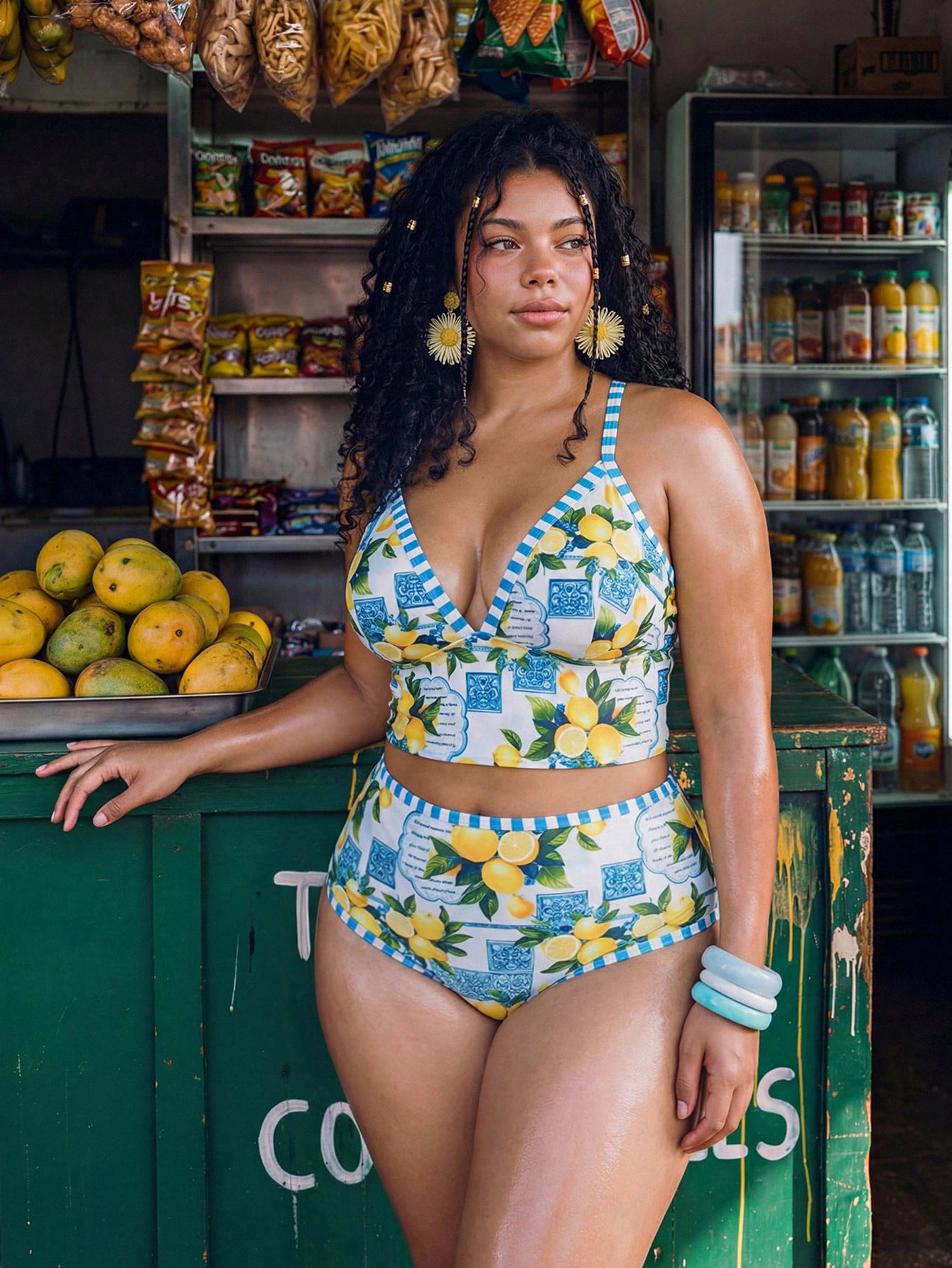 Swim Mod White,Summer,1920s Flapper,Beach,Holiday Mediterranean Lemon Print Plus Size Women's 2 Pieces Swimwear,Bust Enhancing High Waist Tankini Set