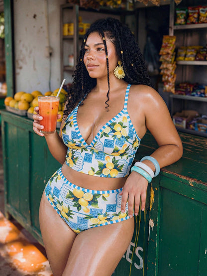 Swim Mod White,Summer,1920s Flapper,Beach,Holiday Mediterranean Lemon Print Plus Size Women's 2 Pieces Swimwear,Bust Enhancing High Waist Tankini Set
