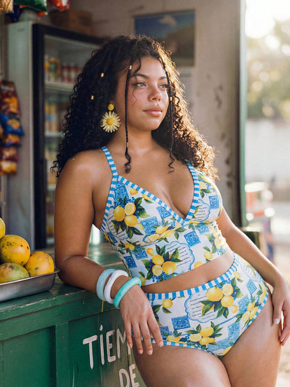 Swim Mod White,Summer,1920s Flapper,Beach,Holiday Mediterranean Lemon Print Plus Size Women's 2 Pieces Swimwear,Bust Enhancing High Waist Tankini Set