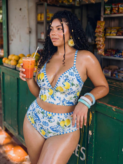 Swim Mod White,Summer,1920s Flapper,Beach,Holiday Mediterranean Lemon Print Plus Size Women's 2 Pieces Swimwear,Bust Enhancing High Waist Tankini Set