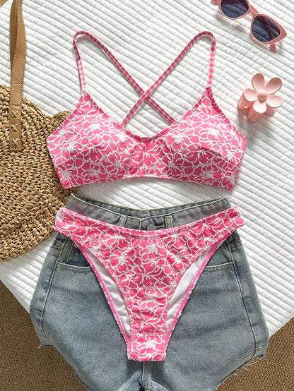 Swim Mod Women's 2-Piece Bikini Set, Tropical Cute Multi-Color Textured Print Fabric, Halter Tie Bikini Top And Triangle Bottoms, Hot-Selling Beach Vacation Casual Elegant Valentine's Day Party Bikini