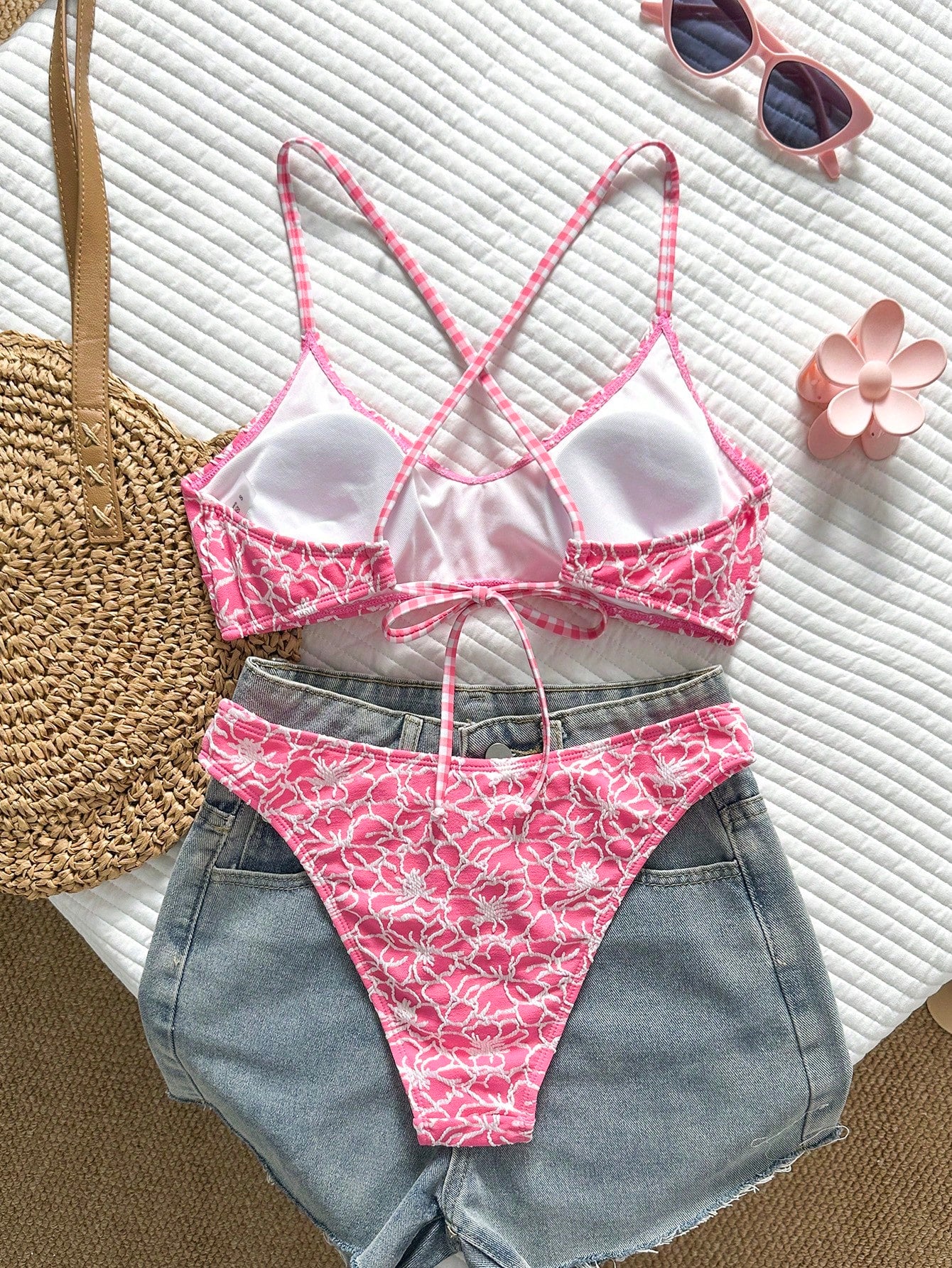 Swim Mod Women's 2-Piece Bikini Set, Tropical Cute Multi-Color Textured Print Fabric, Halter Tie Bikini Top And Triangle Bottoms, Hot-Selling Beach Vacation Casual Elegant Valentine's Day Party Bikini