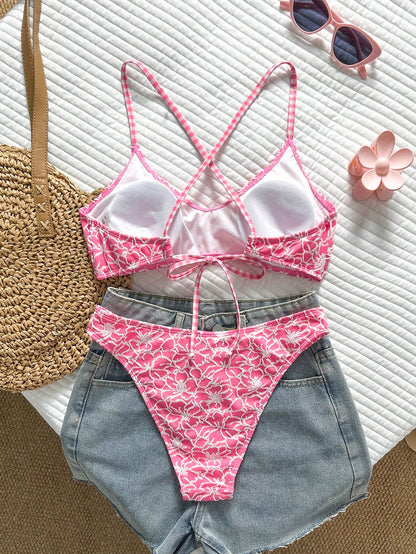 Swim Mod Women's 2-Piece Bikini Set, Tropical Cute Multi-Color Textured Print Fabric, Halter Tie Bikini Top And Triangle Bottoms, Hot-Selling Beach Vacation Casual Elegant Valentine's Day Party Bikini