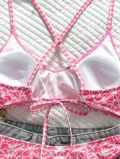Swim Mod Women's 2-Piece Bikini Set, Tropical Cute Multi-Color Textured Print Fabric, Halter Tie Bikini Top And Triangle Bottoms, Hot-Selling Beach Vacation Casual Elegant Valentine's Day Party Bikini