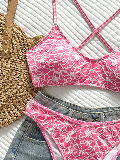 Swim Mod Women's 2-Piece Bikini Set, Tropical Cute Multi-Color Textured Print Fabric, Halter Tie Bikini Top And Triangle Bottoms, Hot-Selling Beach Vacation Casual Elegant Valentine's Day Party Bikini