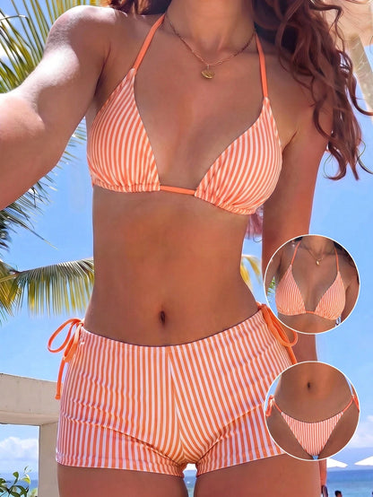 Swim Mod Women's 3-Piece Orange And White Print Halter Bikini Set With Briefs, Summer Swimwear Beach Active