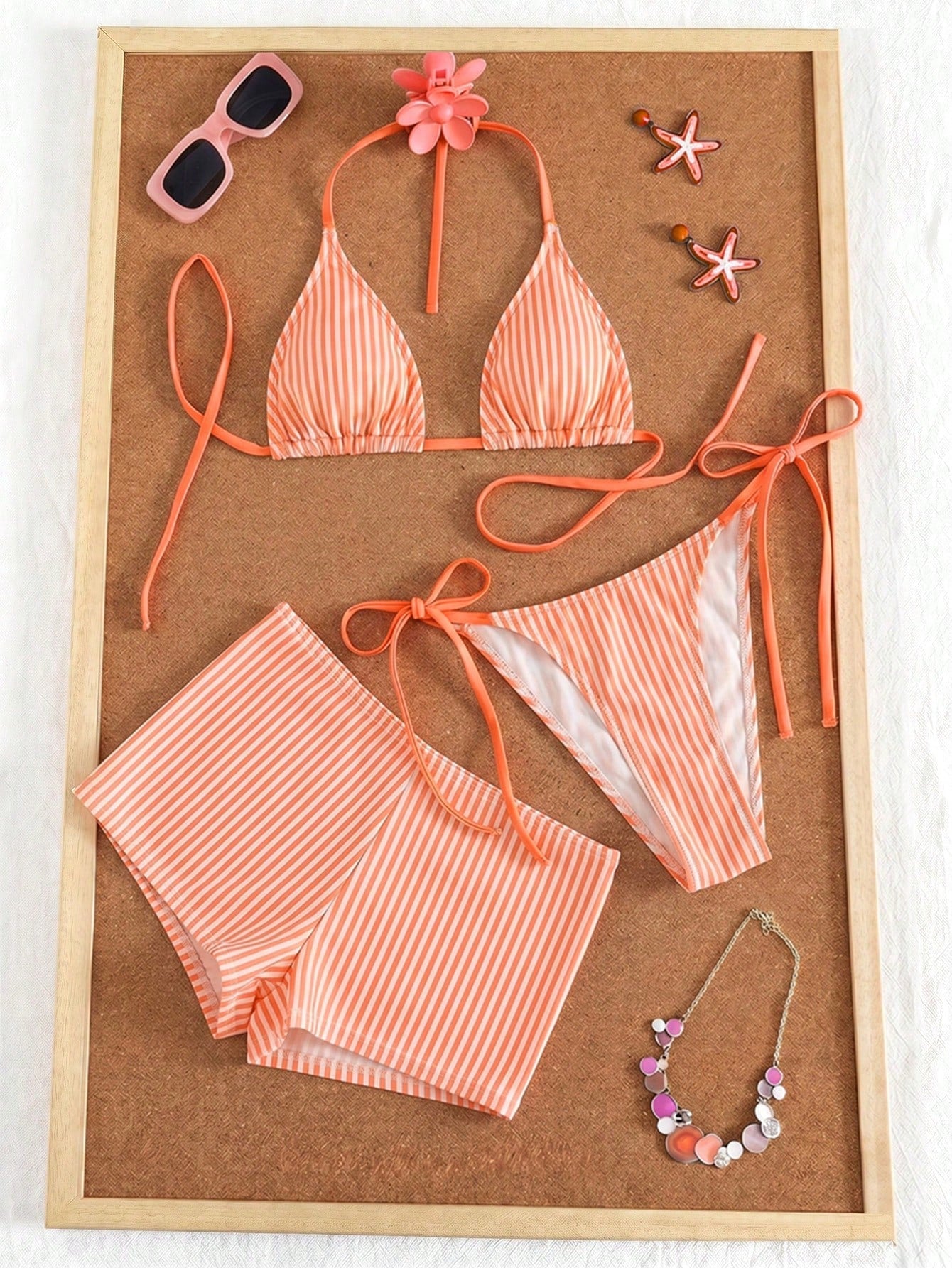 Swim Mod Women's 3-Piece Orange And White Print Halter Bikini Set With Briefs, Summer Swimwear Beach Active