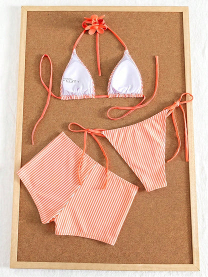 Swim Mod Women's 3-Piece Orange And White Print Halter Bikini Set With Briefs, Summer Swimwear Beach Active