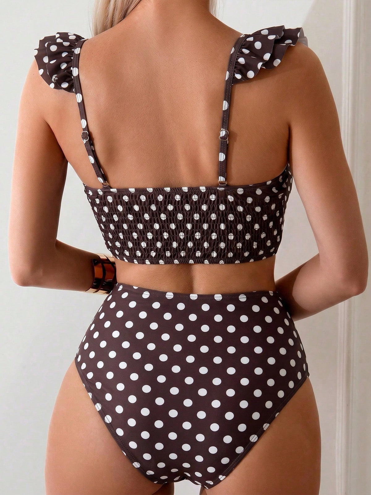 Swim Mod Women's Polka Dot Pattern Swim Top And Bottom Set For Beach Vacation Brown Polka Dot Summer Cute