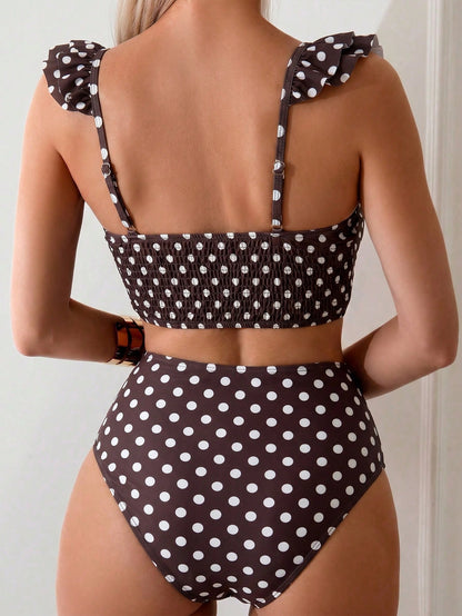 Swim Mod Women's Polka Dot Pattern Swim Top And Bottom Set For Beach Vacation Brown Polka Dot Summer Cute