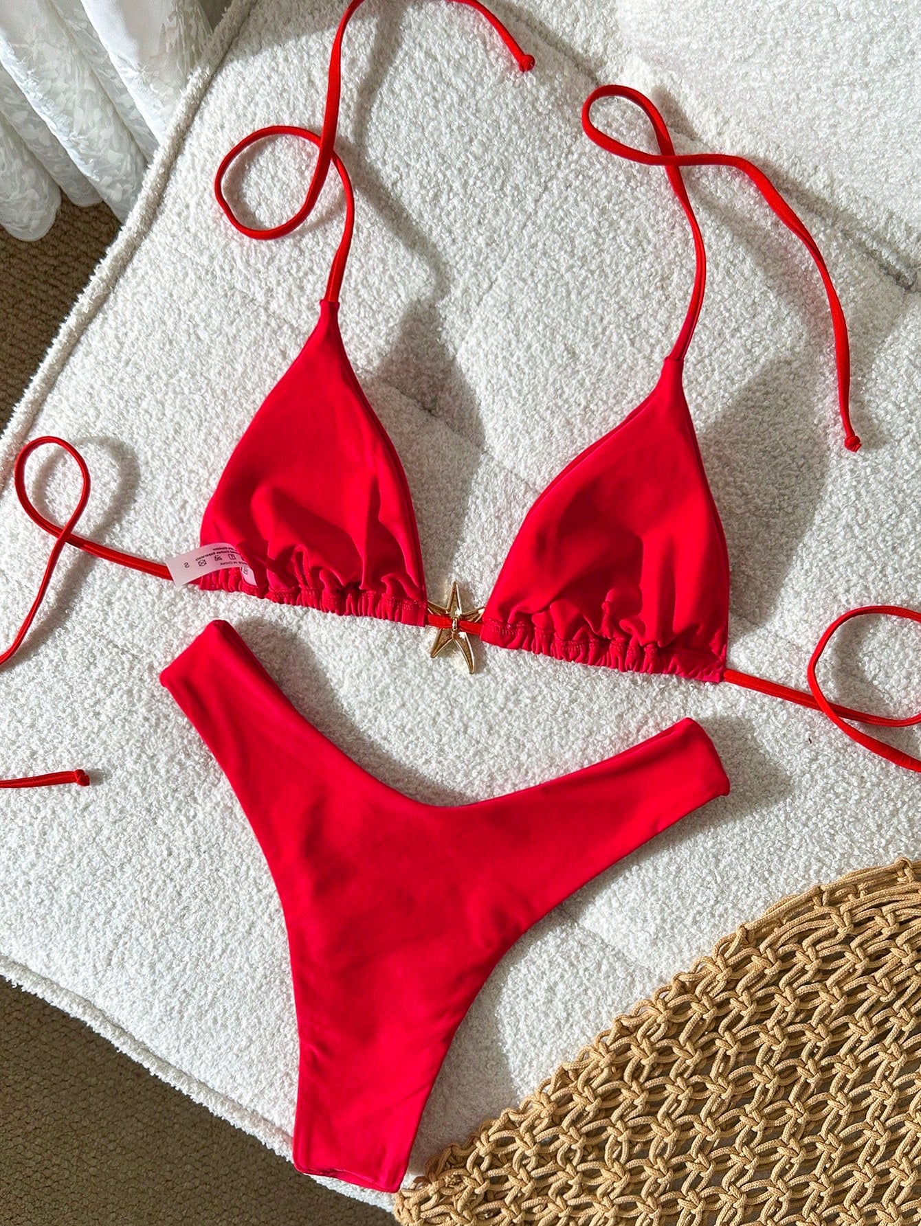 Swim Mod Women's Red Halter Tie Back Bikini Set With High Cut Bottom Plain Fabric Swimwear