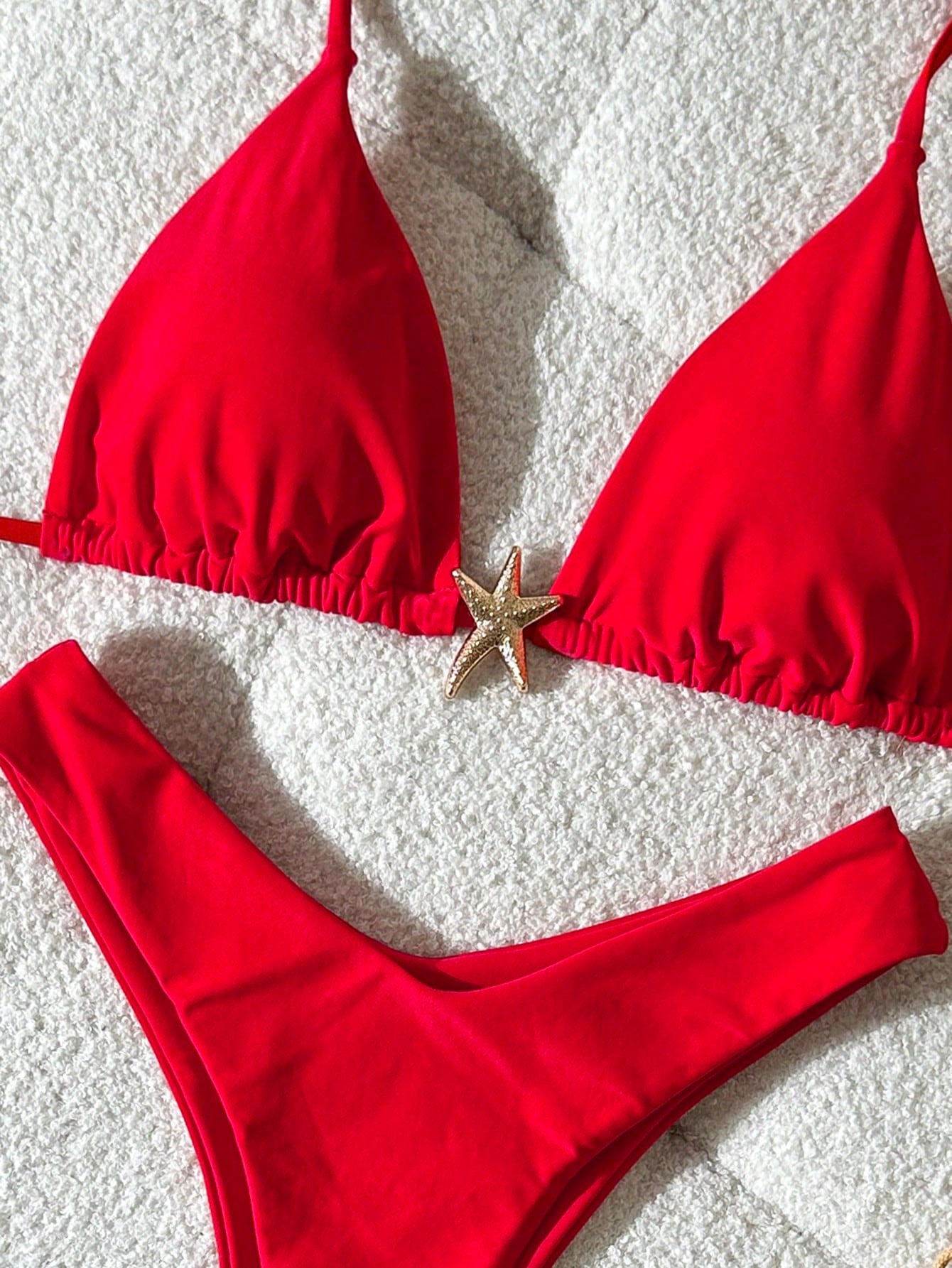 Swim Mod Women's Red Halter Tie Back Bikini Set With High Cut Bottom Plain Fabric Swimwear