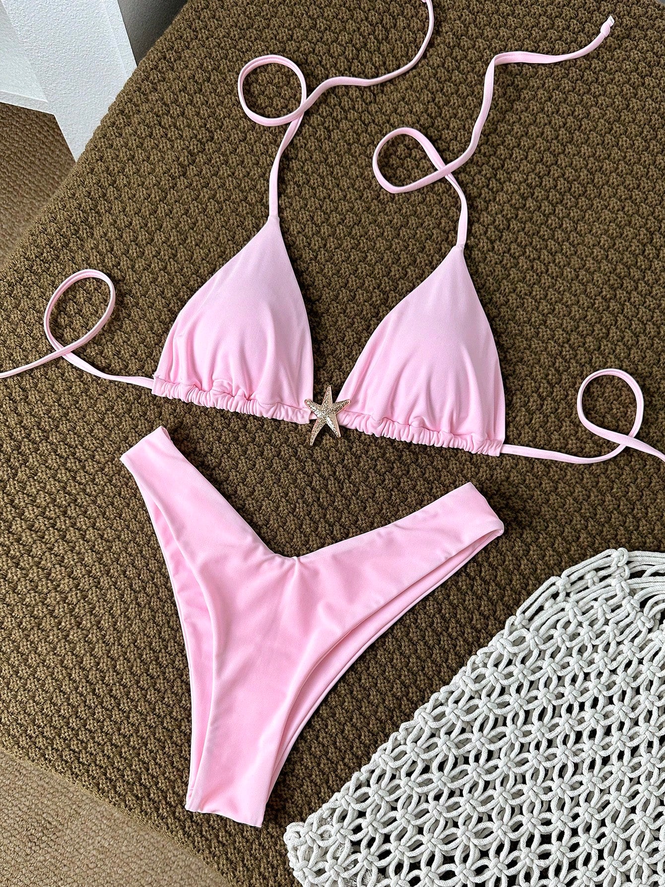 Swim Mod Women's Red Halter Tie Back Bikini Set With High Cut Bottom Plain Fabric Swimwear