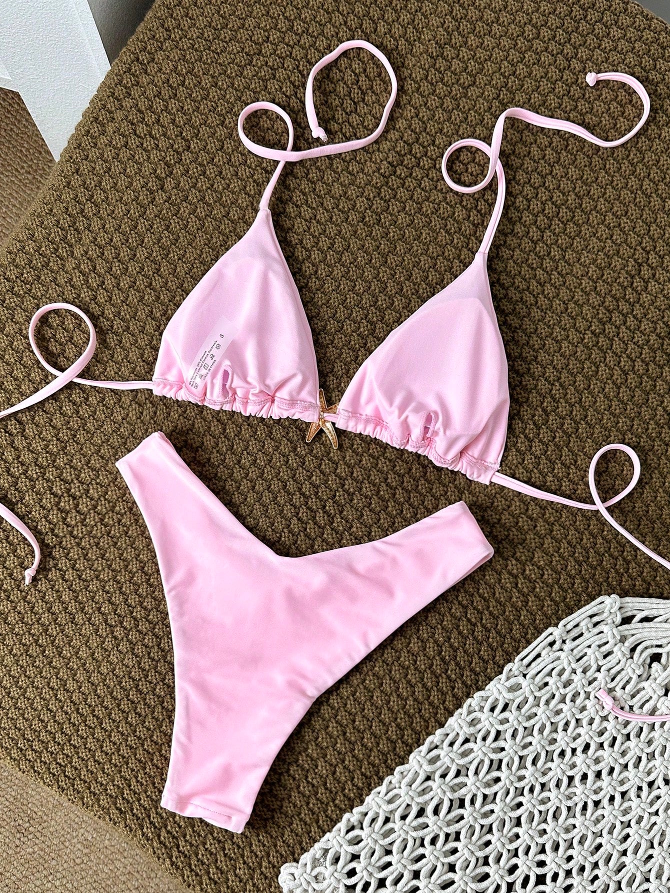 Swim Mod Women's Red Halter Tie Back Bikini Set With High Cut Bottom Plain Fabric Swimwear