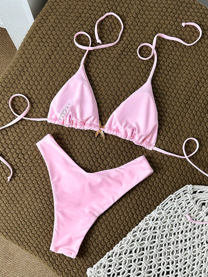 Swim Mod Women's Red Halter Tie Back Bikini Set With High Cut Bottom Plain Fabric Swimwear