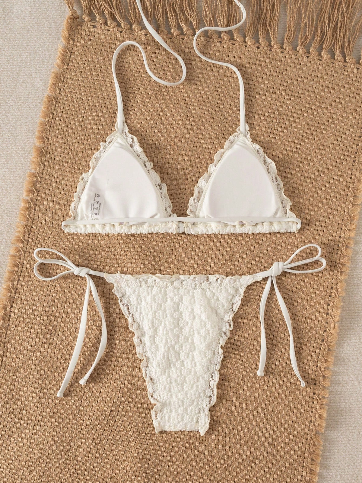 Swim Mod Women's Summer New Beach Swim Fashion Holiday Sweet Cute Lace Floral Textured Fabric Cute Ruffle Sexy Backless Triangle Tie Bikini Swimsuit 2pcs Set Suitable For Beach Swimming And Beach Vaca