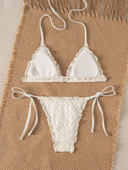 Swim Mod Women's Summer New Beach Swim Fashion Holiday Sweet Cute Lace Floral Textured Fabric Cute Ruffle Sexy Backless Triangle Tie Bikini Swimsuit 2pcs Set Suitable For Beach Swimming And Beach Vaca