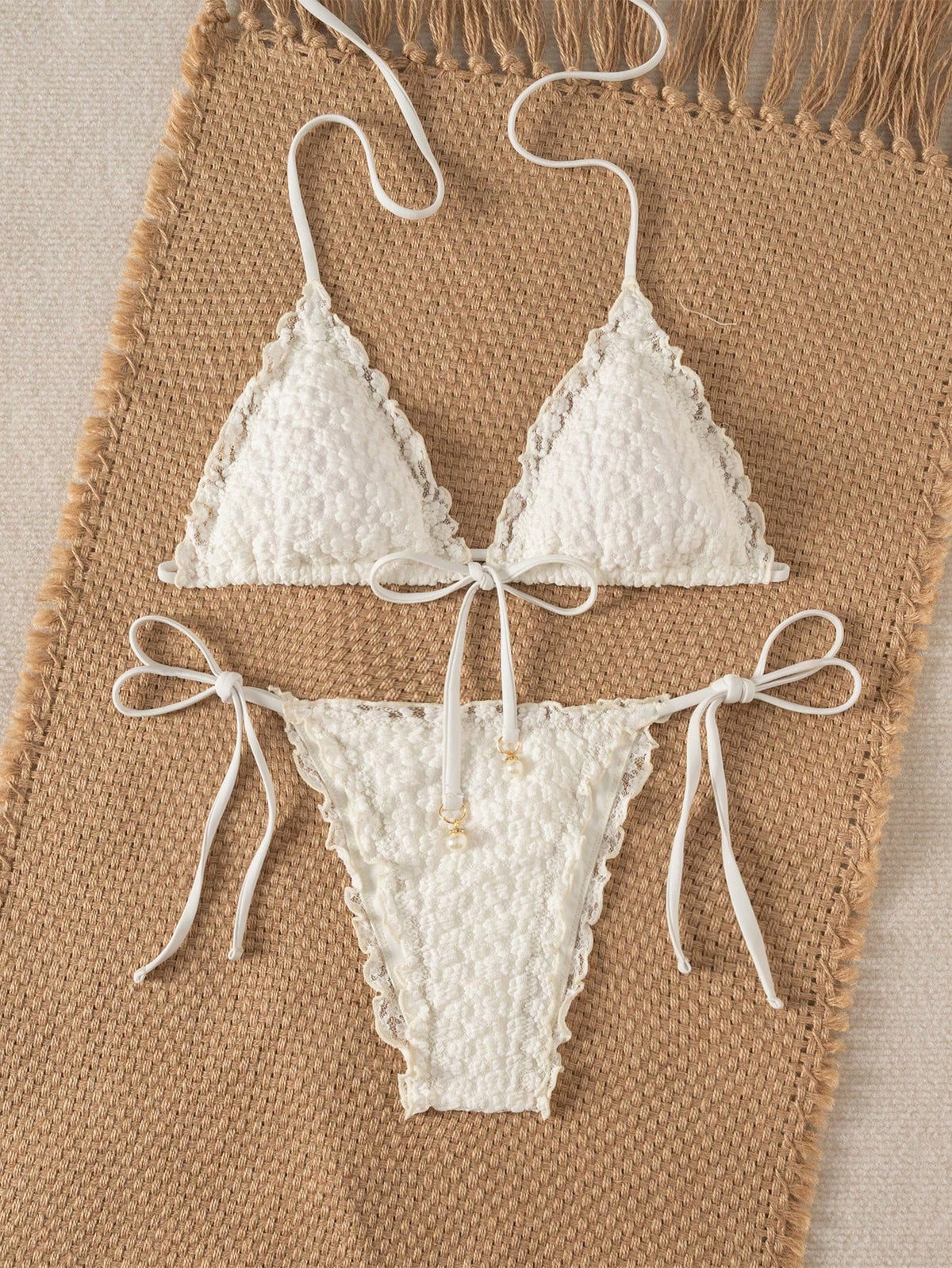 Swim Mod Women's Summer New Beach Swim Fashion Holiday Sweet Cute Lace Floral Textured Fabric Cute Ruffle Sexy Backless Triangle Tie Bikini Swimsuit 2pcs Set Suitable For Beach Swimming And Beach Vaca